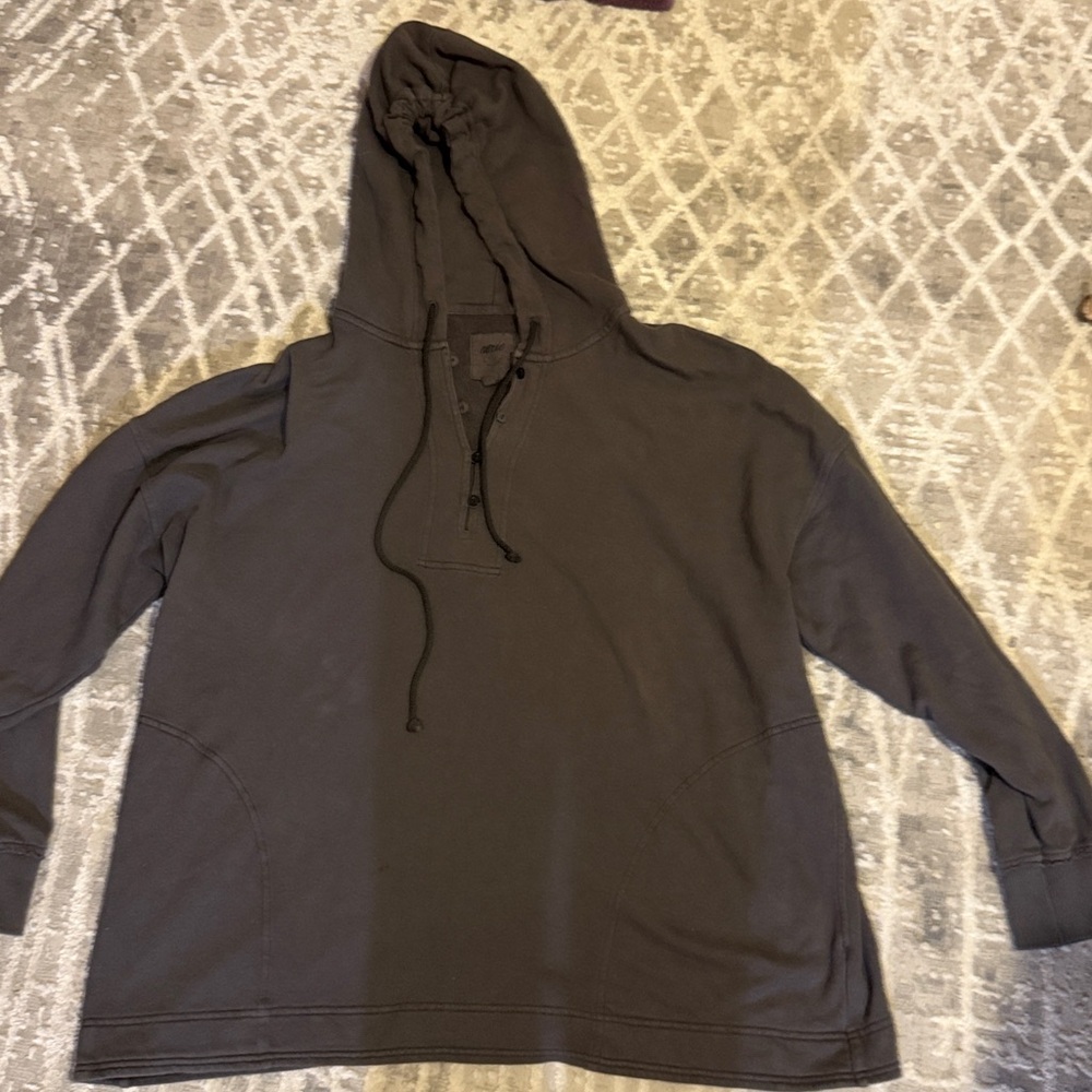 Aerie Oversized Button Up Distressed  Gray Hoodie Sweatshirt Women's Large
